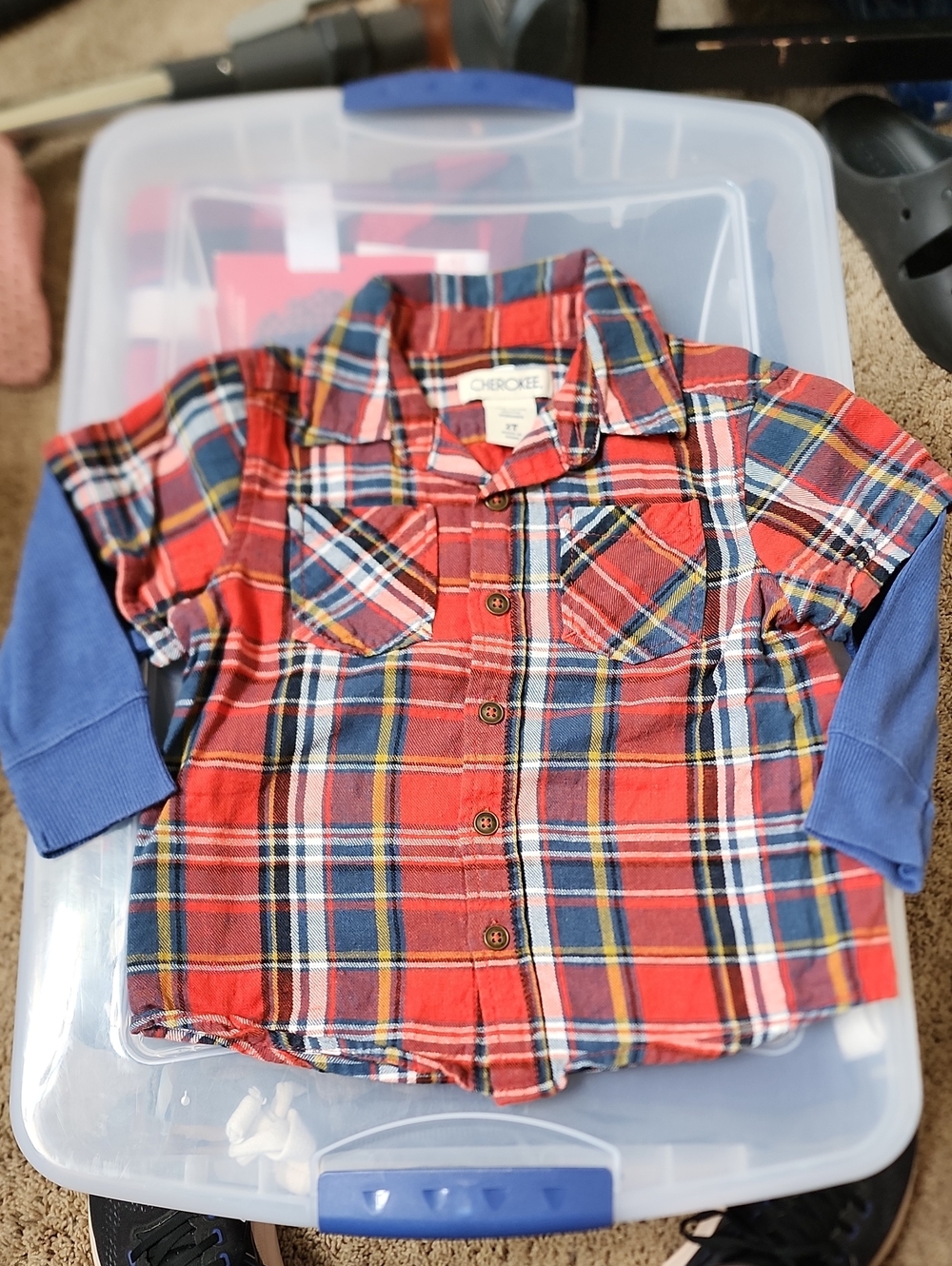 2T Cherokee Orange Plaid Button-Down Shirt with Blue Sleeve Accents